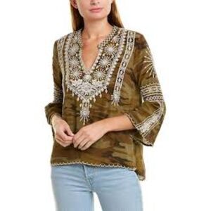 Johnny Was Workshop Ciro Flare Sleeve Camo Silk Blouse Embroidery Blouse Size M